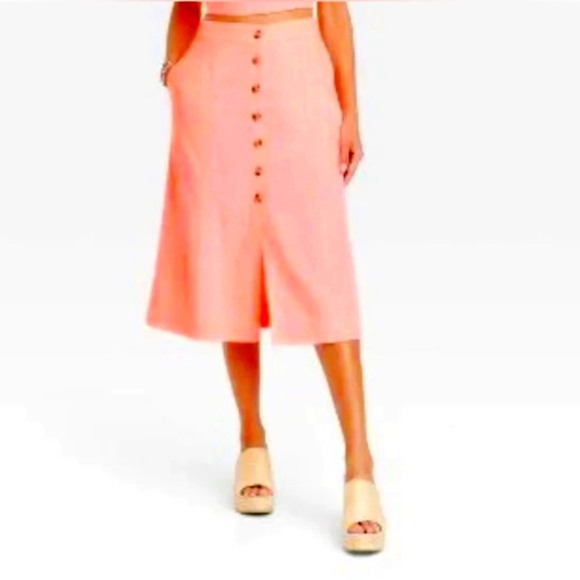 NEW PINK PARASOL UNIVERSAL THREADS LINEN MIDI BUTTON FRONT SKIRT XL - Picture 2 of 7